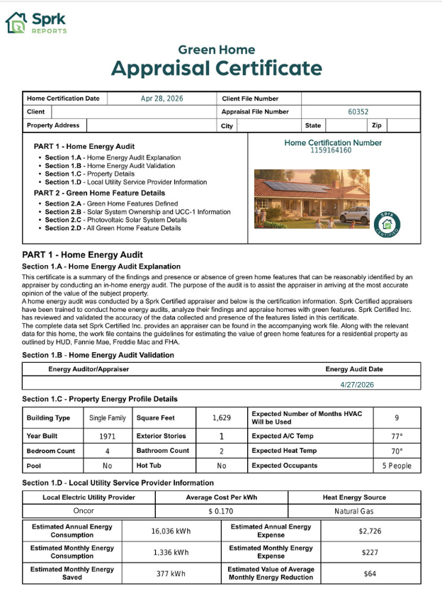 Sprk Green Home Appraisal Certificate showing energy audit results, home details, and certification number