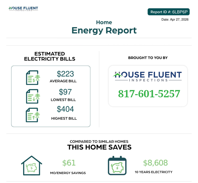 House Fluent Home Energy Report showing estimated electricity bills and 10-year savings comparison