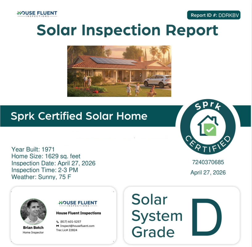 Solar Inspection Report cover page showing Sprk Certified Solar Home badge, property details, inspector credentials, and Solar System Grade